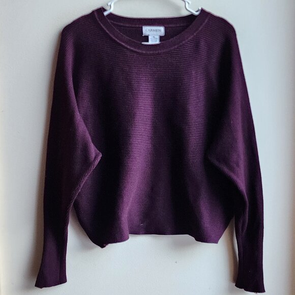 Carmen Marc Valvo Deep Purple Scoop Neck Ribbed Cropped Sweater Size XL - Picture 7 of 13